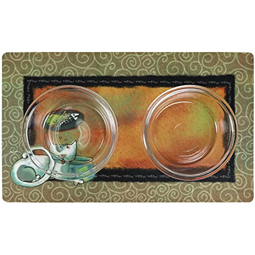 Drymate Cat Bowl Placemat, Pet Food Feeding Mat - Absorbent Fabric, Waterproof Backing, Slip-Resistant - Machine Washable/Durable (USA Made) (12” x 20”) (Fish Kitty) - color: Fish Kitty, size: Small (12" x 20")