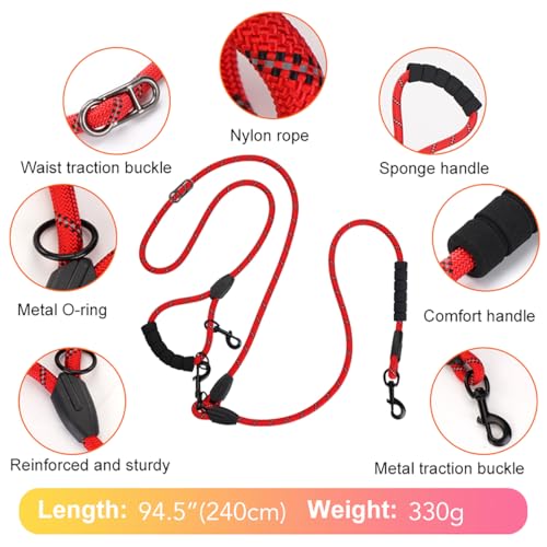 Cymiler Hands Free Dog Leash, 8 Ft Reflective Cross-Body Pet Rope Leashes with Sponge Handle, Heavy Duty Nylon, for Running, Hiking, Training, Waist Leash for Small Medium Large Dogs (Red) - color: Red