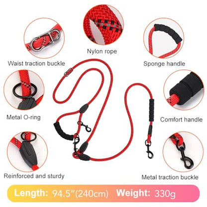 Cymiler Hands Free Dog Leash, 8 Ft Reflective Cross-Body Pet Rope Leashes with Sponge Handle, Heavy Duty Nylon, for Running, Hiking, Training, Waist Leash for Small Medium Large Dogs (Red) - color: Red