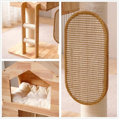 SHENGOCASE Modern Real Solid Rubber Wood Large Cat Tree Tower Castle with Big Enclosed Bed, House Condo, Scratching Post and Sisal Scratcher with Ladder for Multiple Cats