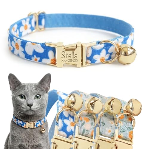 Engraved Floral Cat Collar with Removable Bow Tie - Personalized ID Tag & Safety Bell, Adaptive Polyester Design, （Non-Breakaway） - Floral Pattern Collection - color: BlueDaisy, size: L