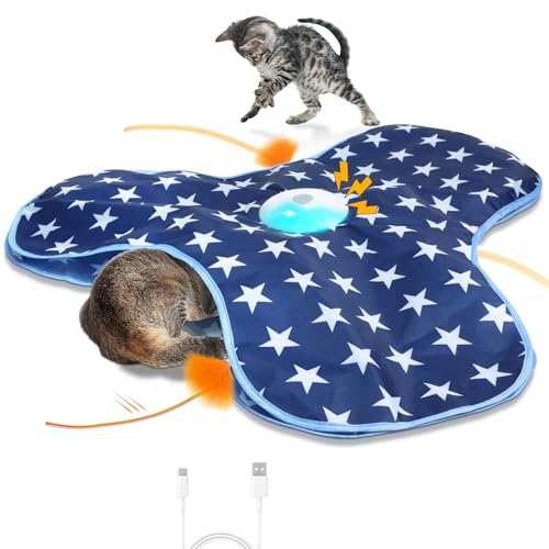Sofolor Interactive Cat Toy Rechargeable, Cat Exercise Toys for Indoor Bored Adult Cats, Hide and Seek Toy with Motion Activated, Moving Feather, Chirping - color: Dark Blue