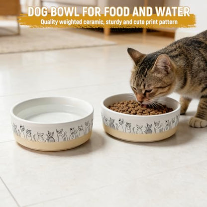 Elevated Ceramic Cat Bowls with Wooden Stand，6.1inch Raised Cat Bowls with Cute Pattern for Small and Medium Breed Dogs,2 Pack Cats Food and Water Bowl Set,Weighted Pet Dishes Dishwasher Safe - size: 2 pack bowl with stand