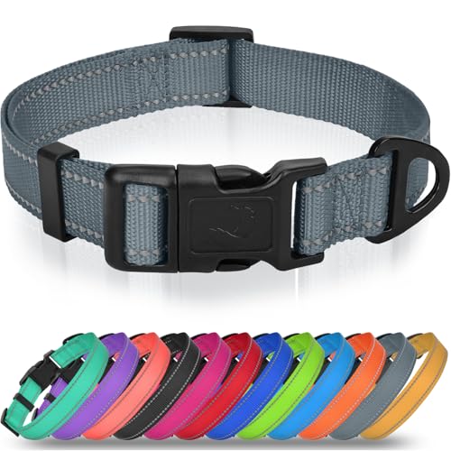 Joytale Small Dog Collar, Durable Double-Sided Reflective Nylon Collar for Night Safety, Adjustable Quick-Release for Active Breeds, Gray, S (3/4" Width) - color: Gray, size: S+: Width 3/4", Neck 10-16"