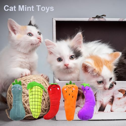 5 Pack Cat Toys, Catnip Cat Chew Toys for Playing, Interactive Cat Kicker Chew Safe Teeth Cleaning Toys, Vegetable Cat Mint Toy, Cat Toys with Catnip