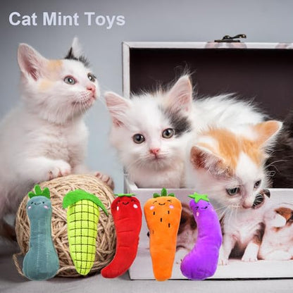 5 Pack Cat Toys, Catnip Cat Chew Toys for Playing, Interactive Cat Kicker Chew Safe Teeth Cleaning Toys, Vegetable Cat Mint Toy, Cat Toys with Catnip