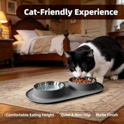Double Cat Food Bowls with Silicone Base, Stainless Steel Dishes, Non-Slip Feeding & Water Station, Easy-Clean Pet Bowls for Cats, 1.75-Cup Capacity Each, Grey