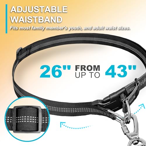 Laqibak Hands Free Dog Leash, Adjustable Waist Leash for Dog, Handle Bungee 4.2-6.7 Feet Long with Reflective Stitches for Walking Hiking Running, Fits 26"- 43" Waist, Black & Blue - color: Black+Blue