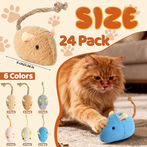 24 Pack 2.36" Colorful Mouse Toy for Cat, Interactive Catnip Animal Toys Plush Catnip Mouse Shaped Biting Toys for Indoor Cats