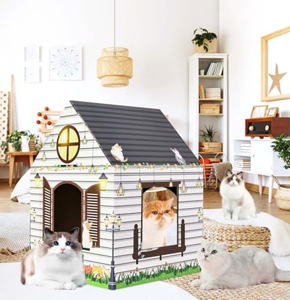 Cardboard Cat House with Scratcher 16"x 13"x19" Cat Scratch House for Indoor Cats’ Birthday Large Cat Scratcher Box