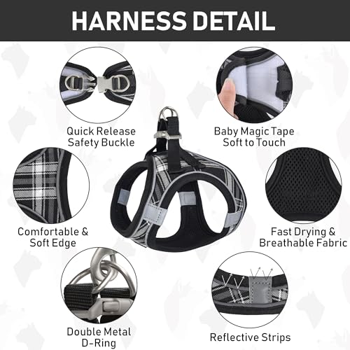 Small Dog Harness Collar and Leash Set, Step in No Chock No Pull Soft Mesh Adjustable Dog Vest Harnesses Plaid Reflective for Dogs Puppy Cats Kitten Rabbit (Black, XS) - color: Black, size: XS