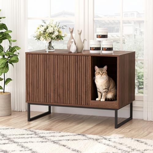 Cat Litter Box Enclosure, Fluted Hidden Litter Box Furniture with Scratch Pad and Metal Legs, Modern Enclosed Cat Cabinet, 31.5 x 17.7 x 21.7 Inches Indoor Pet House for Living Room, Washroom, Walnut - color: Brown, size: 31.5”L x 17.7”W x 21.7”H