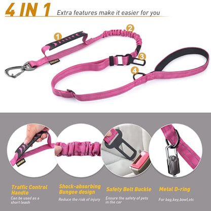 AUBELL Tactical Dog Leash Heavy Duty,4-6ft Reflective Strong No Pull Bungee Leash for Medium Large Dogs with Comfortable Padded Double Handle,Car Seat Belt,360 Degree Rotating Carabiner,Pink - color: M/L-Pink(4-6FT)