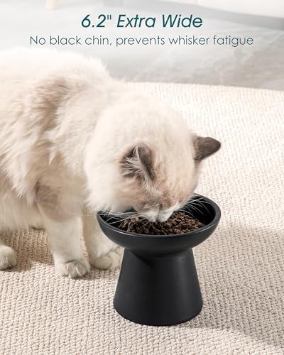 vancasso Ceramic Elevated Cat Bowls 2-Pack - 6.2" Extra Wide Raised Cat Food & Water Dishes, 5.1" Optimal Height Anti-Whisker Fatigue Shallow Bowls for Cats/Kittens/Dogs, Lead & Cadmium Free (Black) - color: Black