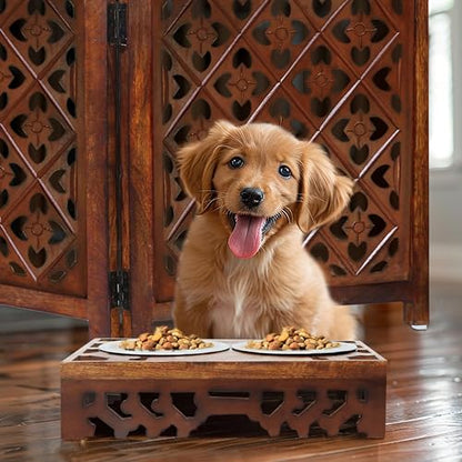 Elevated Pet Feeder for Dogs and Cats - Hand Carved Wood Bones Raised Dog Bowl Stand - Pet Feeding Stand with Two Steel Bowls - Raised Dog Bowl for Food Water - Pet Feeding Station -17x11x4- IRONGATE - color: Bone Bistro Carved - Wood
