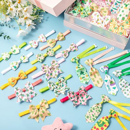 Reginary 100 Pieces Dog Bow Tie Collar Set Include 40 Dog Neckties, and 30 Puppy Bowties, 30 Collar Flowers, Adjustable Pet Ties Grooming for Small Medium Cats Pets Supply(Cactus) - style: Cactus