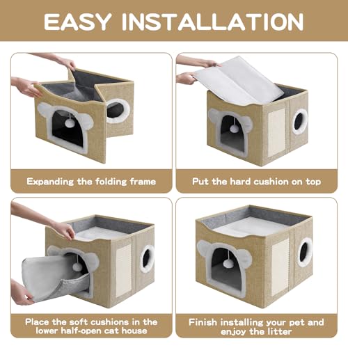 Cat House for Indoor Cats, Large Cat Bed Cave with Scratch Pad and Fluffy Ball, Foldable Cat Hideaway Condo, Kitten Bed, 16x16x13inch (Khaki, Large) - color: Khaki