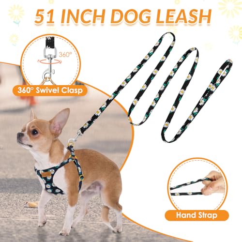 Lukovee Puppy Harness and Leash Set, No Pull Lightweight Soft Suede Adjustable Pet Harness Vest with Snap Buckle for Puppy Small and Medium Size Dog (Black-XXS) - color: ·Black Daisy, size: XX-Small ( 2.2-6lb )