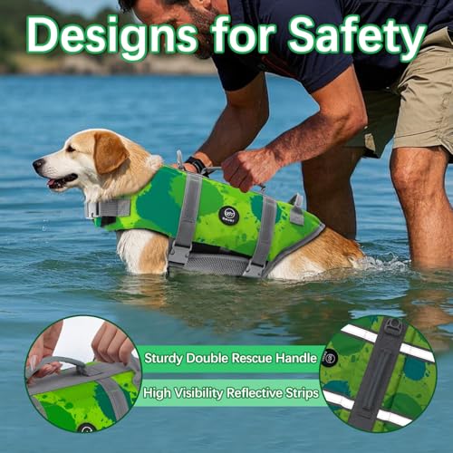 EMUST Dog Life Vests, Adjustable Dog Life Jacket with Rescue Handle, Dogs Flotation Vest for Small/Medium/Large Dogs, XS, MultiGreen - color: MultiGreen, size: XS