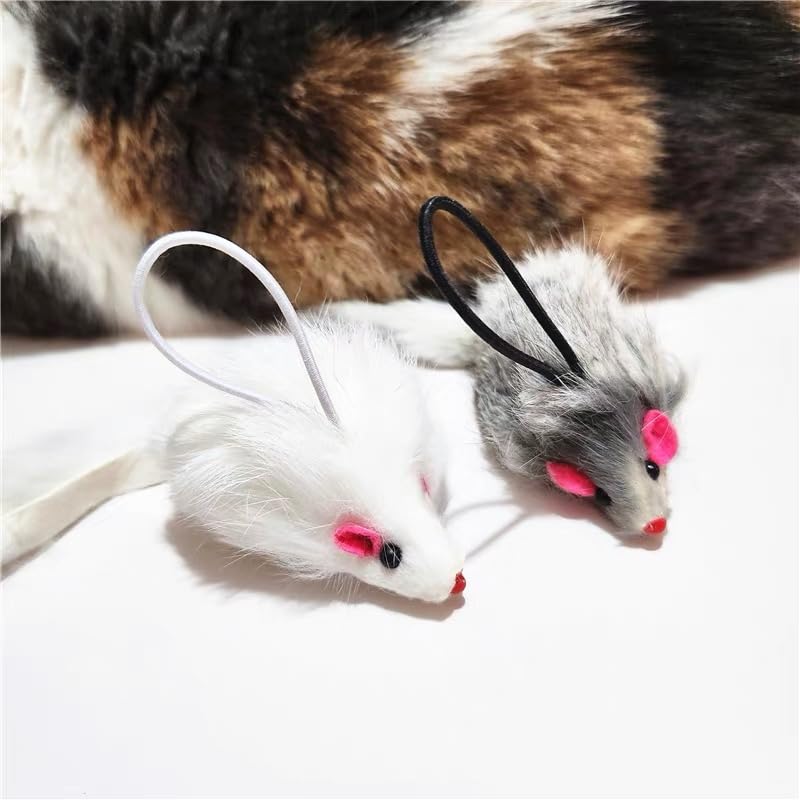 Real Rabbit Fur Interactive Cat Toy Mouse, 5.5" Extra Large Durable Squeaky Toys with Long Tail, Crinkle Sound & Hanging Rope, Self-Play Toys for Indoor Cats (5 Pack Grey/White Color) - color: White&Grey