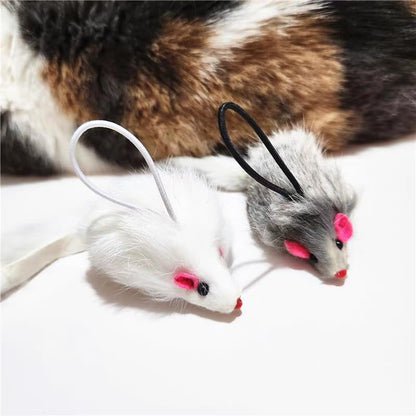 Real Rabbit Fur Interactive Cat Toy Mouse, 5.5" Extra Large Durable Squeaky Toys with Long Tail, Crinkle Sound & Hanging Rope, Self-Play Toys for Indoor Cats (5 Pack Grey/White Color) - color: White&Grey