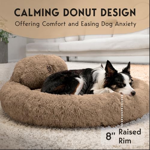 PetJett Large Dog Bed - 36'' Calming Donut Dog Beds, Anti-Slip & Washable Large Round Bed, Fluffy Faux Fur Pet Bed, Super Soft Anti-Anxiety Premium Comfort Bed, Fits Dogs up to 80 lbs - Beige - color: Beige, size: Large - 36”L x 36”W x 8”Th