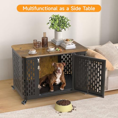 ONBRILL Dog Crate with Cushion, 38" Wood Heavy Duty Dog Crate Furniture with Flip Top & Wheels for High Anxiety Dog, Escape Proof Pet Cage for Small/Medium Dogs - size: 38.2"L x 27.2"W x 24.4"H