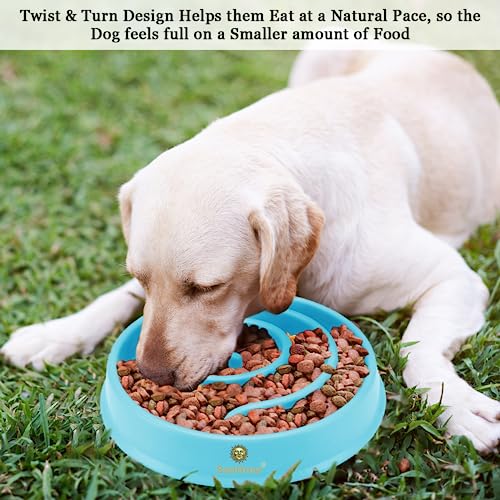 SunGrow Dog Slow Feed Bowl, Spiral Design Encourages Slow Eating, Interactive, 8”, Non-Slip Base, Portion Control, Blue, 1pc