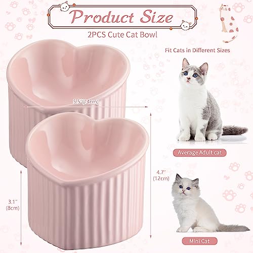 Mumufy 2 Pcs Ceramic Elevated Cat Bowls Tilted Elevated Raised Pet Bowls Anti Vomit Cat Dish for Indoor Stress Free Water Dish Feeder for Puppies, Heart Shaped(Pink) - color: Pink