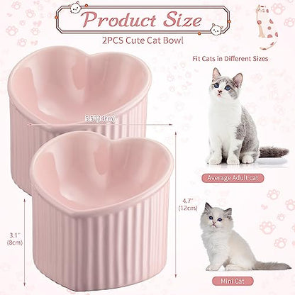 Mumufy 2 Pcs Ceramic Elevated Cat Bowls Tilted Elevated Raised Pet Bowls Anti Vomit Cat Dish for Indoor Stress Free Water Dish Feeder for Puppies, Heart Shaped(Pink) - color: Pink