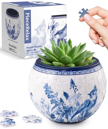 PieceRelax 3D Puzzle Planter 80 Pieces - Flower Pot - Oriental Birds and Flowers, for Mom, Home Decor Flower Pots for Indoor Cactus, Succulents Pots [K1115] - color: Oriental Birds and Flowers