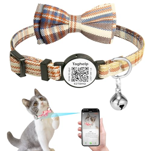 Upgraded Cat Collar with Bells, Breakaway Cat Collars with Bow Tie, Girl Boy Safety Plaid Kitten Collars with QR ID Tag for Girl Boy for Cats (Brown) - color: Brown