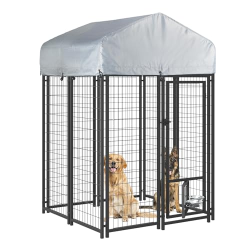 LEMBERI 4x4x6 FT Outdoor Dog Kennel for Large Dogs, Heavy Duty Welded Wire Steel Dog Playpen Fence with Secure Lock, Pet Pen with UV-Resistant Waterproof Roof Cover for Outside - size: 45.4"L x 50.4"W x 72.1"H