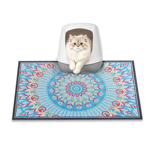 Cat Litter Mat, 24" x 16" Litter Box mat, Traps 100% Litter, Non-Slip Kitty Litter Trapping mats, Small Cute Litter mat, Easy Clean for Scatter Control, Bohe cat Food mat, Urine Waterproof - color: Blue Medallion, size: Small（24"x16"）