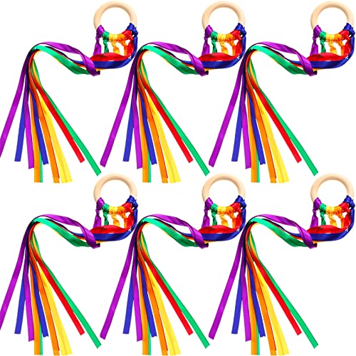 Sumind 6 Pcs Rainbow Ribbon Hand Kites Wands for Kids Dancer Streamer String Toy Thrown Waldorf Wand with Wooden Ring Wand Learning Educational(Vivid Colors) - style: Vivid Colors