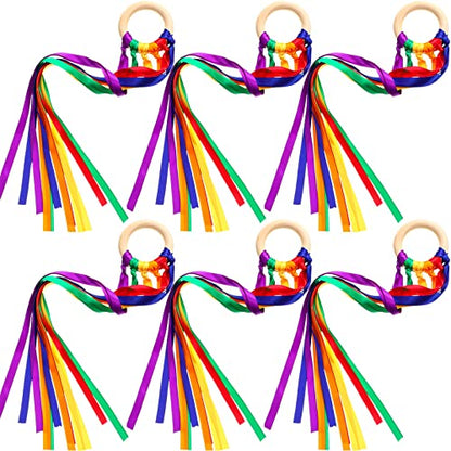 Sumind 6 Pcs Rainbow Ribbon Hand Kites Wands for Kids Dancer Streamer String Toy Thrown Waldorf Wand with Wooden Ring Wand Learning Educational(Vivid Colors) - style: Vivid Colors