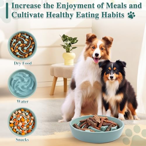 Ceramic Slow Feeder Dog Bowls, 1.5 Cups Dog Food Dish for Medium and Large Breed, Puzzle Dog Food Bowl for Fast Eater, 28OZ, 8.15 inch(Light Green) - color: Light Green-L