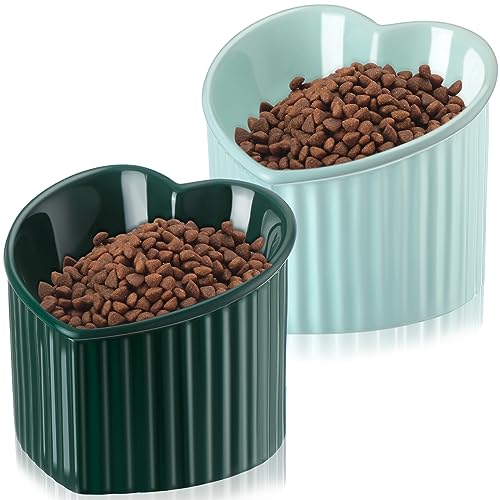 Mumufy 2 Pcs Ceramic Elevated Cat Bowls Tilted Elevated Raised Pet Bowls Anti Vomit Cat Dish for Indoor Stress Free Water Dish Feeder for Puppies, Heart Shaped(Macaron Blue, Peacock Green) - color: Macaron Blue, Peacock Green