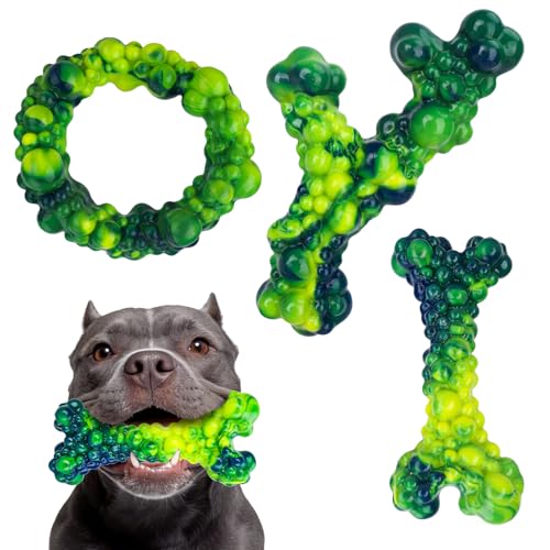 3Pack Dog Chew Toys for Aggressive Chewers, Indestructible Interactive Dog Chew Nylon Bone Toys for for Medium Large Breed 15-60lbs, Teething Toy to Keep Them Busy, Bacon Flavor (Green) - color: Green