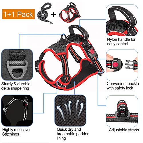 tobeDRI No Pull Dog Harness Adjustable Reflective Oxford Easy Control Medium Large Dog Harness with A Free Heavy Duty 5ft Dog Leash - color: Black/Red Harness+Leash, size: Medium