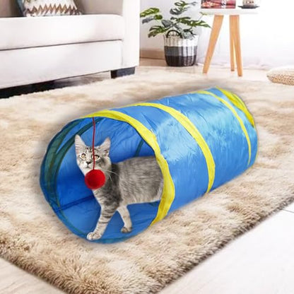 Cat Tunnel Tube Toys，Tunnels for Indoor Cats, 2 Way Collapsible Interactive Toy with Balls for Rabbits, Kittens, Ferrets, Puppy - color: 2 Way Blue Yellow