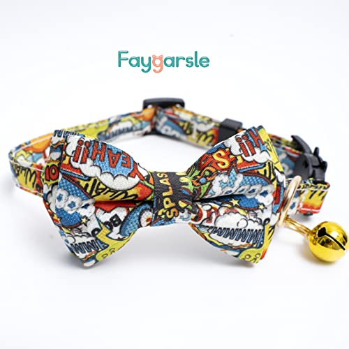 Faygarsle 2 Pack Cotton Designer Breakaway Cats Collar with Bow Tie and Bell Graffiti Style Cat Collars for Girl Female Boy Male Cat Collar with Bell Collars for Cats Purple Yellow - color: Purple&Yellow