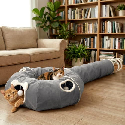 Ownpets 2-in-1 Cat Tunnel, Large Lollipop Shape Cat Tunnel Toy with Fluffy Balls, Spiral Toy, Plush Collapsible Cat Cave Hideout Donut Tunnel for Multi Kitten Puppy Rabbit (Grey) - color: Grey