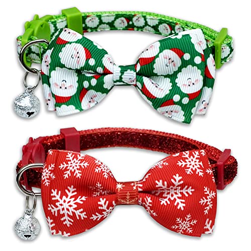 2 Pack Christmas Cat Collar with Bow Tie and Bell, Kitty Kitten Santa Claus and Holiday Snowflake Collar for Boys and Girls - color: Christmas Santa Snow