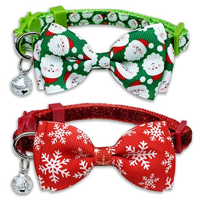 2 Pack Christmas Cat Collar with Bow Tie and Bell, Kitty Kitten Santa Claus and Holiday Snowflake Collar for Boys and Girls - color: Christmas Santa Snow