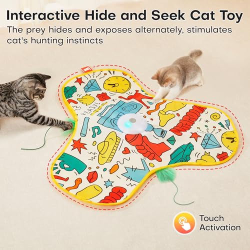 Potaroma Interactive Cat Feather Toys, Hide and Seek Concealed Moving Feather Wand, Rechargeable Touch Activated Indoor Kitten Exercise Kicker, Mouse Squeaky, Graffiti Cover - color: Graffiti Cover