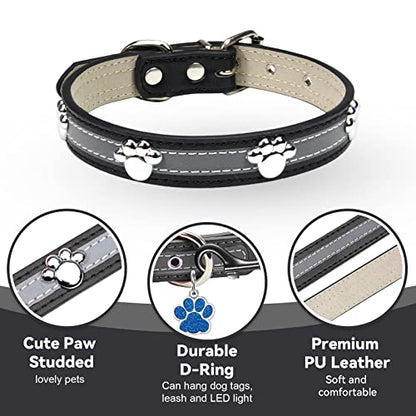 PETCARE Reflective Dog Collar with Cute Paw Rivet Studded Funny Soft PU Leather Adjustable Puppy Dog Collars for Small Medium Large Dogs Cats (Black,Medium) - color: Black, size: M( Neck 10.23"-12.59")