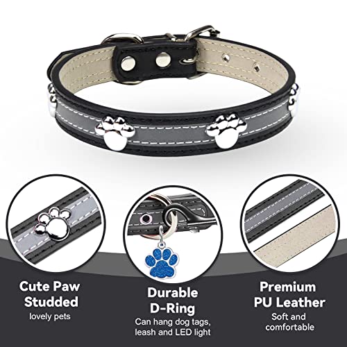 PETCARE Reflective Dog Collar with Cute Paw Rivet Studded Funny Soft PU Leather Adjustable Puppy Dog Collars for Small Medium Large Dogs Cats (Black,X-Large) - color: Black, size: XL( Neck 13.77"-17.32")