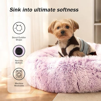Calming Donut Dog Bed for Small to Medium Dogs & Cats - Plush Faux Fur Anti-Anxiety Pet Bed with Machine Washable Cover & Non-Slip Base - color: Gradient Purple, size: X-Small 15.7''