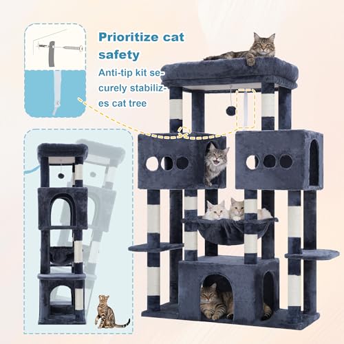 Hey-brother Cat Tree Tower, Large Sisal Scratching Posts with Big Platform, 3 Spacious Condos, Plush Hammock, Toy, 57.5 Inches Multi-Level Furniture for Indoor Adults Maine Coon, Smoky Gray MPJ083G - color: Smoky Gray